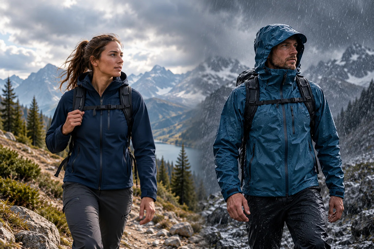 Két túrázó összehasonlítása: softshell kabát száraz, szeles időben és hardshell kabát esőben.